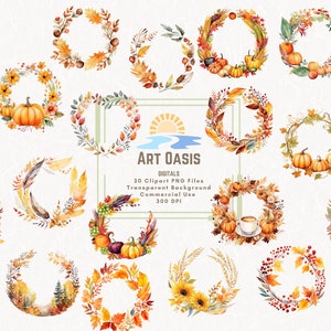 Acuarela Otoño Coronas Hojas Calabazas Flores Clipart Paquete de 20 - Fondo Transparente Descarga Digital Gráficos PNG - Uso Comercial