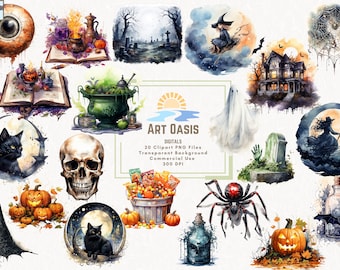 Watercolor Halloween Spooky Witchcraft Ghost Clipart Bundle of 20 - Transparent Background Digital Download PNG Graphics - Commercial Use