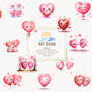 Valentinstag Cartoon Herzen Chibi Aquarell rosa rot Clipart Bundle von 20 transparenten Hintergrund Digital Download PNG Grafiken Werbung