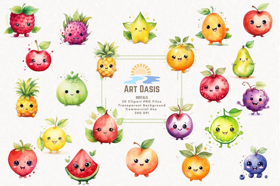 Watercolor Cute Fruit Berries Cartoon Happy Clipart Bundle of 20 ...