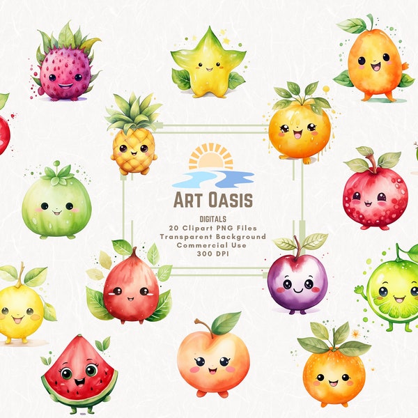 Watercolor Cute Fruit Berries Cartoon Happy Clipart Bundle of 20 - Transparent Background Digital Download PNG Graphics - Commercial Use