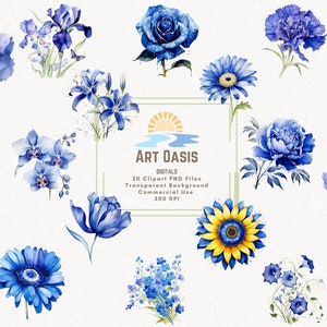 Aquarel kleurrijke koningsblauwe bloemen bloemen clipart bundel van 20 - transparante achtergrond digitale download png-afbeeldingen - commercieel gebruik