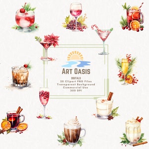 Pacchetto di clipart di bevande per cocktail di Natale dell'acquerello di 20 - grafica PNG per il download digitale di sfondo trasparente - uso commerciale