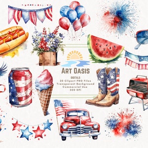 Aquarel 4 juli Independence USA America Day clipart bundel van 20 transparante achtergrond digitale download PNG-afbeeldingen commercieel gebruik