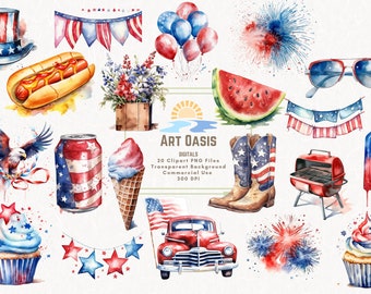 Watercolor 4th Of July Independence USA America Day Clipart Bundle of 20 Transparent Background Digital Download PNG Graphics Commercial Use