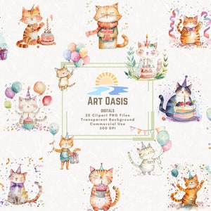 Cartoon Birthday Cats Watercolor Fat Cat Cake Presents Balloons Clipart Bundle of 20 Transparent Background Digital Download PNG Graphics