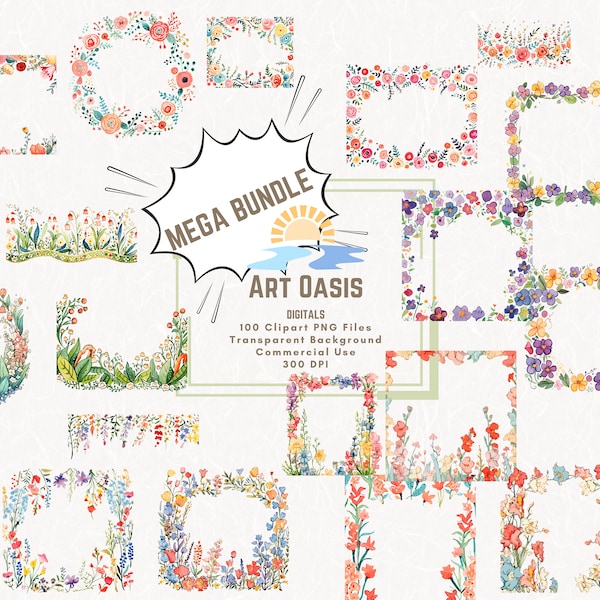 100 bunte Blume PNG Bordüren, Kränze, Blumenrahmen Hochzeit Geburtsmonat Blume Aquarell Floral Clipart Mega Bundle Digitaler Download