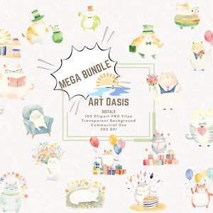 Cartoon Fat Cats Valentines St Patricks Day Birthday Book Clipart Mega Bundle of 100 Transparent Background Digital Download PNG Graphics
