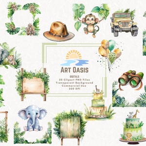 Acuarela Jungle Safari Wild One Birthday Party Clipart Paquete de 20 - Fondo transparente Descarga digital PNG Gráficos Uso comercial