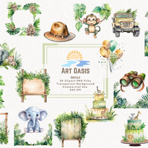 Watercolor Jungle Safari Wild One Birthday Party Clipart Bundle of 20 - Transparent Background Digital Download PNG Graphics Commercial Use