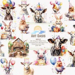 Aquarela Barnyard Animais Festa de Aniversário Balão Clipart Pacote de 20 Fundo Transparente Download Digital Gráficos PNG Uso Comercial