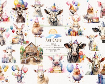 Watercolor Barnyard Animals Birthday Party Balloon Clipart Bundle of 20 Transparent Background Digital Download PNG Graphics Commercial Use