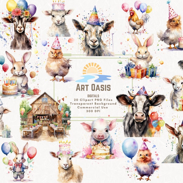 Watercolor Barnyard Animals Birthday Party Balloon Clipart Bundle of 20 Transparent Background Digital Download PNG Graphics Commercial Use