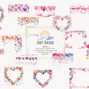 Aquarell Valentinstag Herz Border Rahmen bunte Clipart Bundle von 20 transparenten Hintergrund Digital Download PNG Grafiken Werbung
