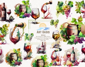 Watercolor Wine Clipart Bundle of 20 - Transparent Background - Digital Download PNG Graphics - Red White Wine Celebration - Commercial Use