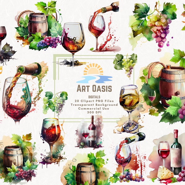 Watercolor Wine Clipart Bundle of 20 - Transparent Background - Digital Download PNG Graphics - Red White Wine Celebration - Commercial Use