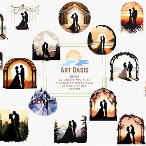 Pacote de clipart de silhuetas de casamento com 20 - Noiva e noivo PNG - Fundo transparente Download digital de gráficos PNG - Uso comercial