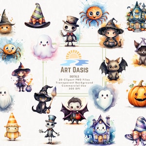 Watercolor Halloween Cute Ghost Vampire Bat Clipart Bundle of 20 - Transparent Background Digital Download PNG Graphics - Commercial Use