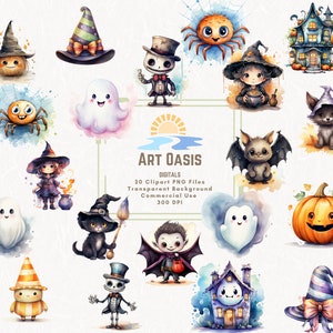 Watercolor Halloween Cute Ghost Vampire Bat Clipart Bundle of 20 - Transparent Background Digital Download PNG Graphics - Commercial Use