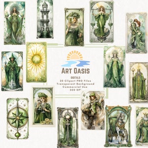 Watercolor Tarot Card Deck Witch Green Neutral Clipart Bundle of 20 - Transparent Background Digital Download PNG Graphics - Commercial Use