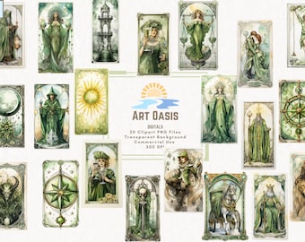 Watercolor Tarot Card Deck Witch Green Neutral Clipart Bundle of 20 - Transparent Background Digital Download PNG Graphics - Commercial Use
