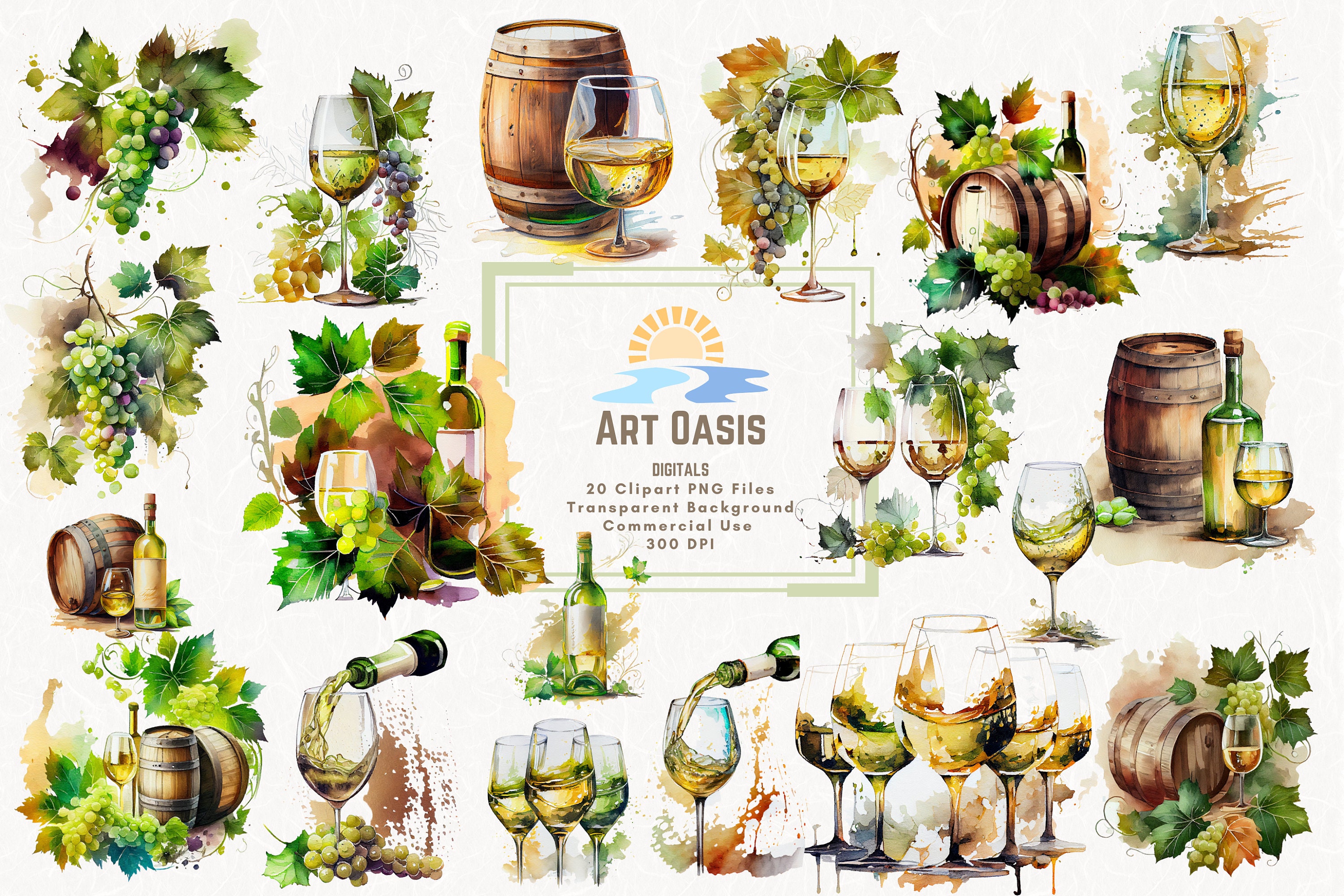 Watercolor White Wine Clipart Bundle of 20 - Transparent Background - Digital Download PNG Graphics - Wine Barrel Celebration Commercial Use