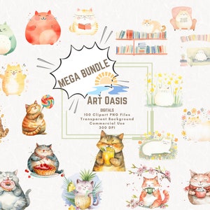 Cartoon Pastel Fat Cats Reading Book Flower Clipart Mega Bundle of 100 Transparent Background Digital Download PNG Graphics - Commercial Use