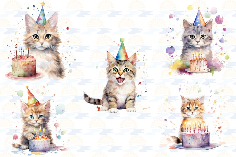 Watercolor Cat Birthday Party Balloon Cake Presents Clipart Bundle of 20 Transparent Background Digital Download PNG Graphics Commercial Use image 6