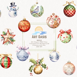 Pacchetto di clipart di ornamenti per vacanze invernali di Natale dell'acquerello di 20 - grafica PNG per il download digitale di sfondo trasparente - uso commerciale