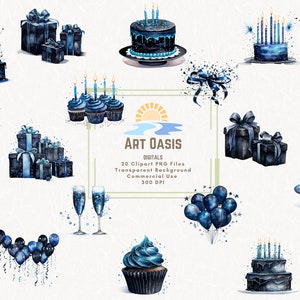 Schwarz und Blau Aquarell Geburtstag Party Einladung Clipart Bundle von 20 transparenten Hintergrund Digital Download PNG Grafiken Kommerzielle Nutzung