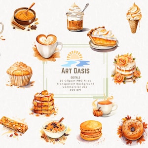 Acuarela Otoño Comida Dulces Pastel Desierto Clipart Paquete de 20 - Fondo Transparente Descarga Digital Gráficos PNG - Uso Comercial