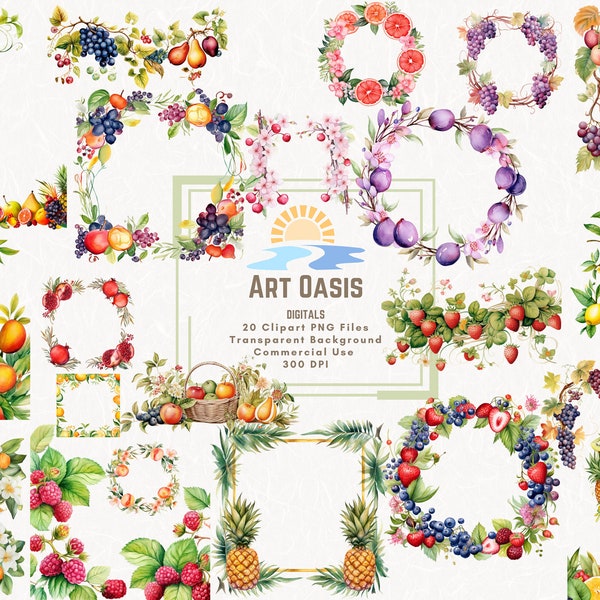 Lot de 20 cliparts bordure de cadre aquarelle fruits colorés fleurs fond Transparent téléchargement numérique graphiques PNG usage commercial