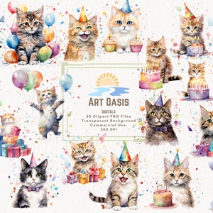 Lot de 20 cliparts aquarelle chat fête d'anniversaire ballon gâteau présente des cliparts fond transparent téléchargement numérique graphiques PNG usage commercial