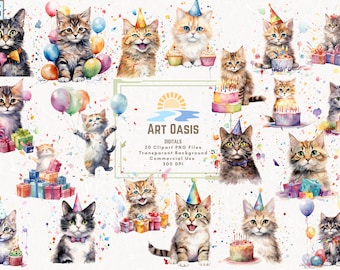 Lot de 20 cliparts aquarelle chat fête d&#39;anniversaire ballon gâteau présente des cliparts fond transparent téléchargement numérique graphiques PNG usage commercial