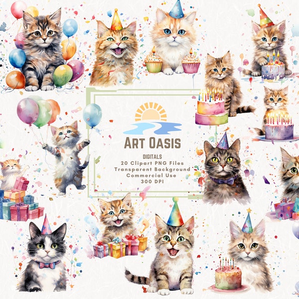 Watercolor Cat Birthday Party Balloon Cake Presents Clipart Bundle of 20 Transparent Background Digital Download PNG Graphics Commercial Use