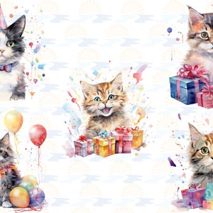 Watercolor Cat Birthday Party Balloon Cake Presents Clipart Bundle of 20 Transparent Background Digital Download PNG Graphics Commercial Use image 7