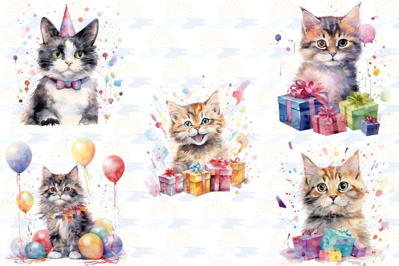 Watercolor Cat Birthday Party Balloon Cake Presents Clipart Bundle of 20 Transparent Background Digital Download PNG Graphics Commercial Use image 7