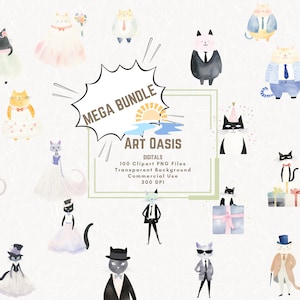 Cartoon Fat Cats Birthday Wedding Suit Dress Clipart Mega Bundle of 100 Transparent Background Digital Download PNG Graphics Commercial Use