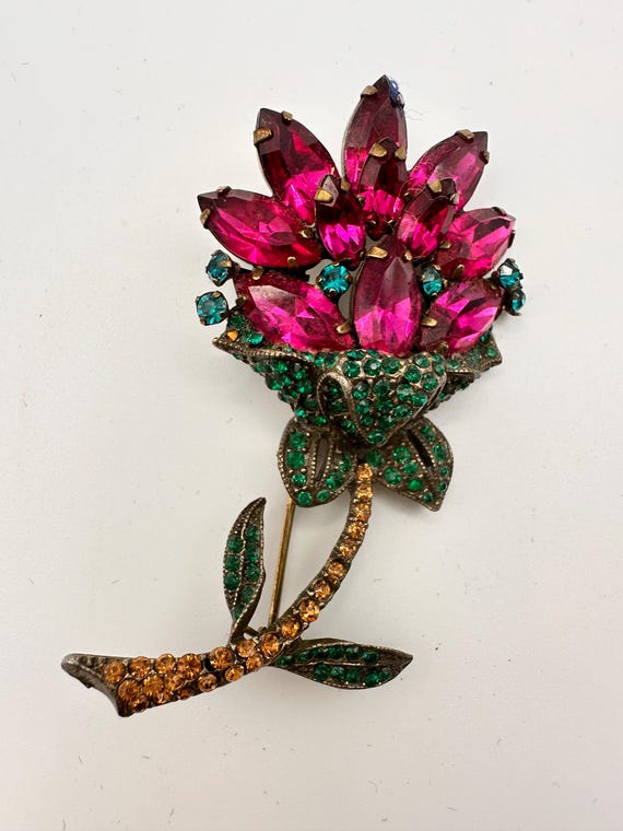 Rare WEISS Flower Fuchsia, Green and Amber Rhinestone… - Gem