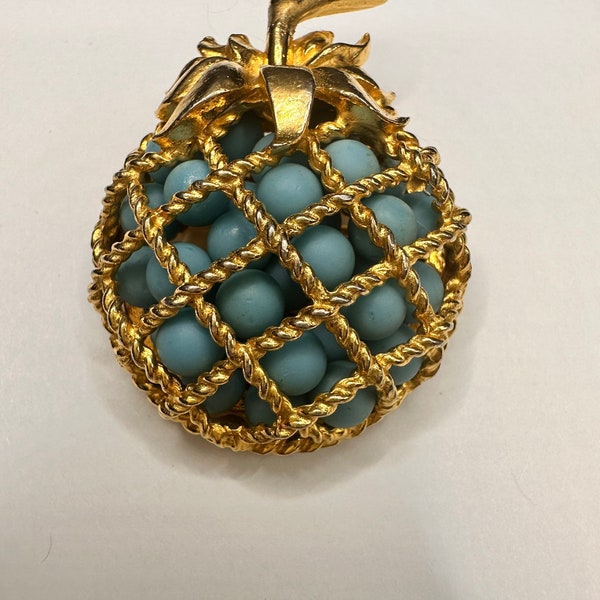 PAULINE RADER Gold Tone with Blue Ball Fruit Brooch