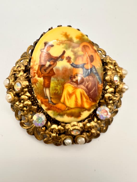 VNTG Cameo Faux Pearl AB Rhinestones Gold Tone Filigree  (2) VINTAGE RHINESTONE FAUX PEARL BROOCHES PINS ENAMEL cameo-like portrait scene main image 0
