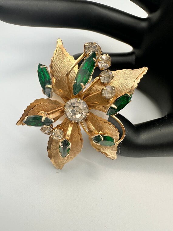 Vintage Emerald Green & Clear Rhinestone Cut Flor… - image 3