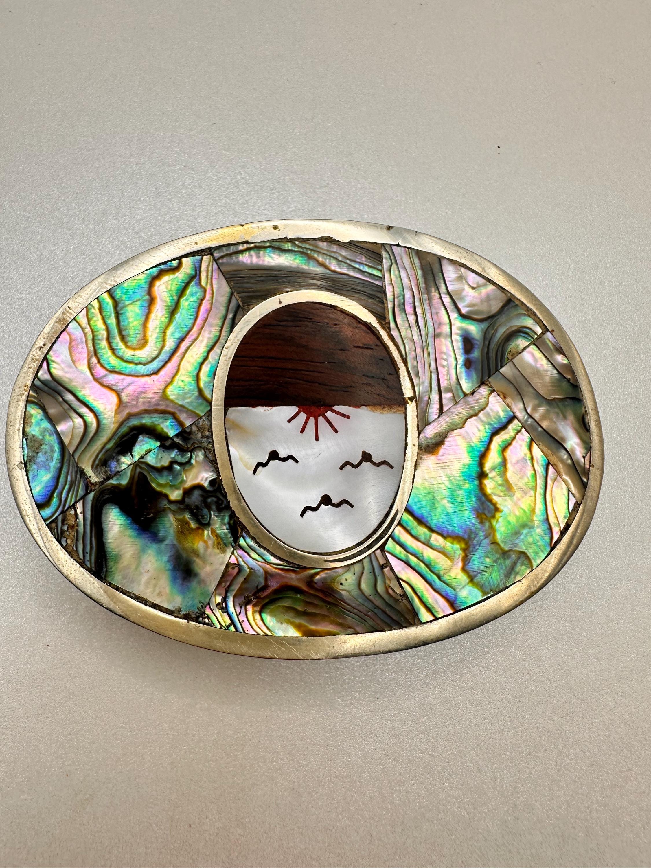 Vintage Handcrafted Southwest Silver Belt Buckle with Abalone Inlay Feather Headdress Native American Stone Chip Abalone Inlay  main image 3