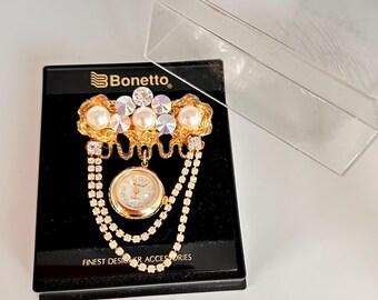 Vintage Bonetto Watch Brooch: Rhinestone Rivoli, Gold Tone  display picture 3