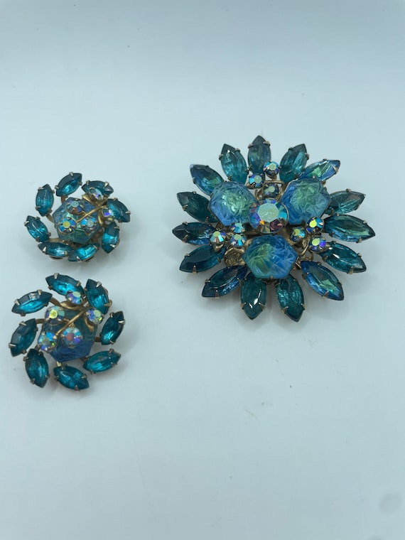 VNTG BEAUJEWELS Brooch and Earrings.. Blue Rhines… - image 1