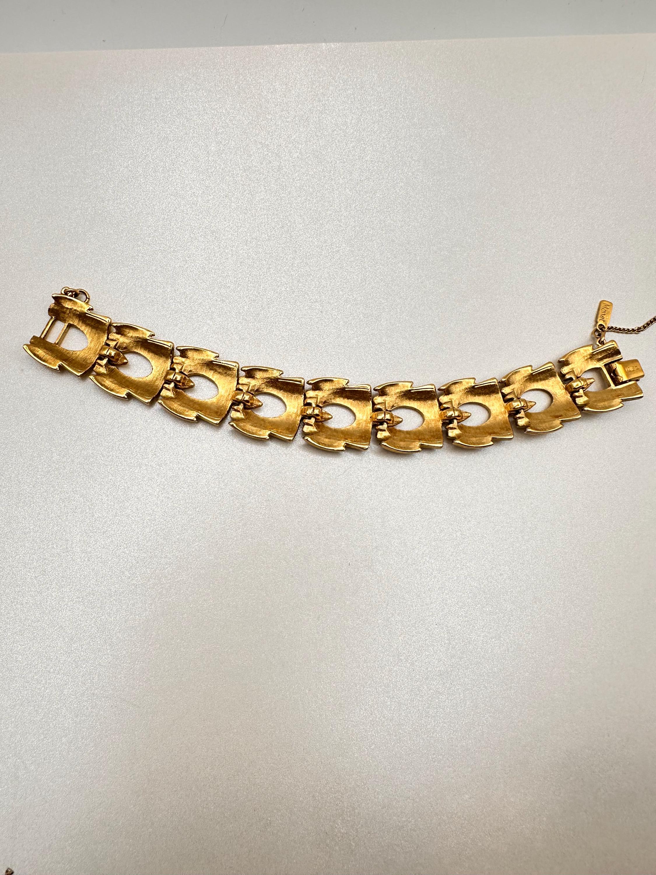 Vintage Monet Gold-tone Geometric Link Bracelet With Safety Chain