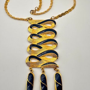 Stunning Pauline Rader Runway Statement Geometric Abstrat Deco Style Necklace Navy Enamel and Gold Tone
