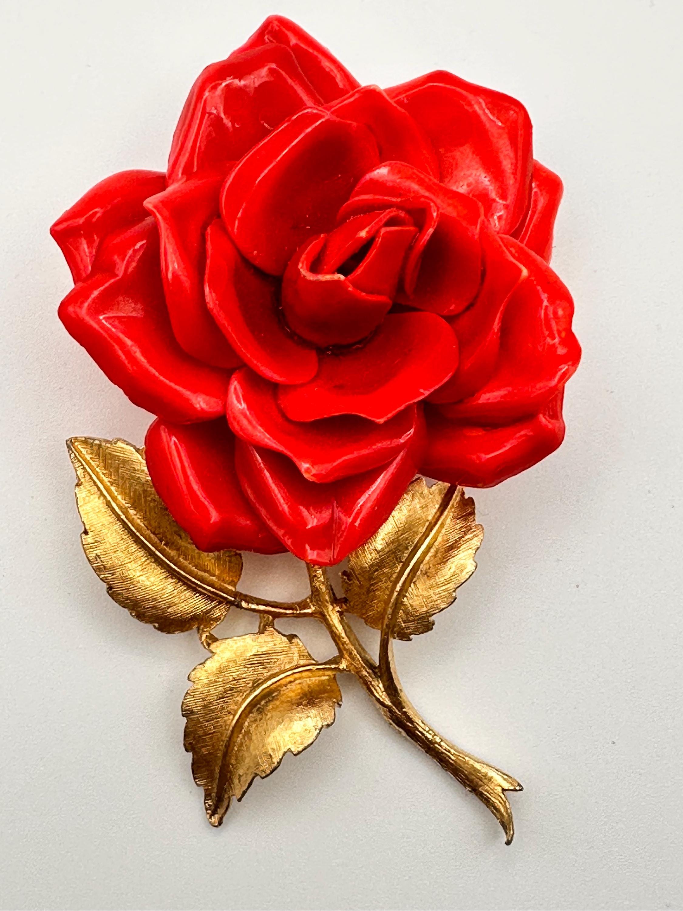 Vintage Red Glass Brooch Gold Leaf Frame Prong Set 1950s Statement ? If you loved the glamour of the 1980s, this brooch is  main image 4
