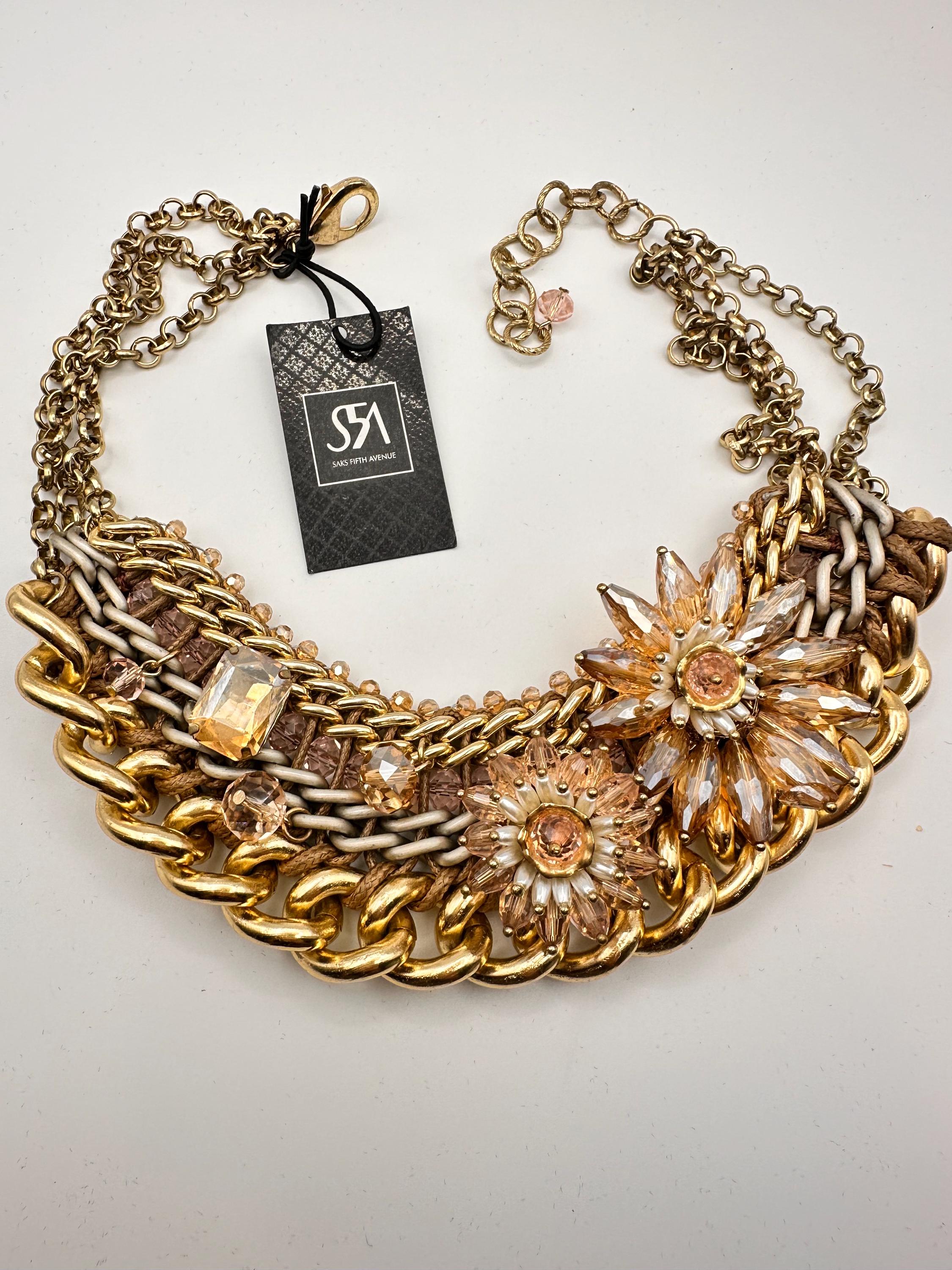 S5A SAKS FIFTH AVENUE Statement Necklace Pink and Pearl