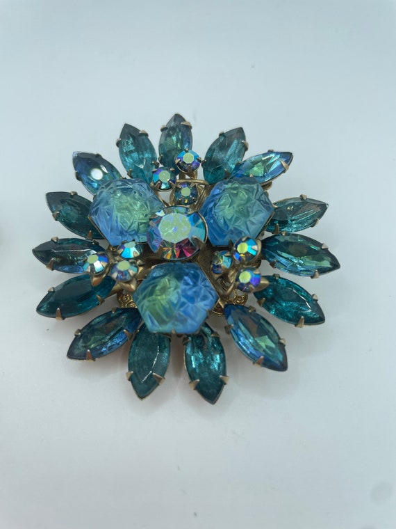 VNTG BEAUJEWELS Brooch and Earrings.. Blue Rhines… - image 2